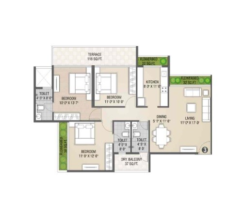 Floor plan of 3 BHK 800 Sq. Ft. Apartment in Rehab Balaji Delta Tower 2, Navi Mumbai