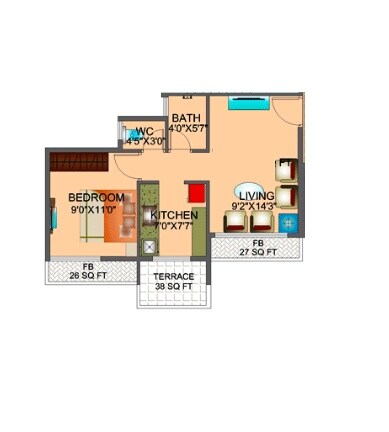 Floor plan of 1 BHK 633 Sq. Ft. Apartment in Reliable  Balaji Sharan, Navi Mumbai