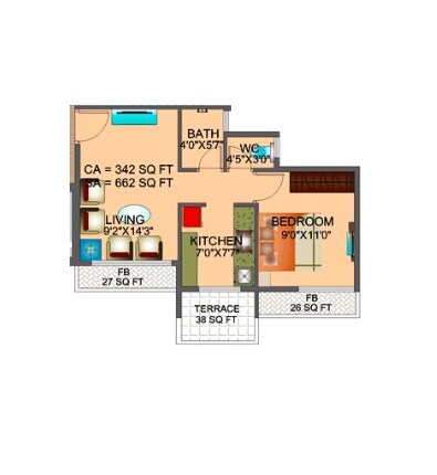 Floor plan of 1 BHK 662 Sq. Ft. Apartment in Reliable  Balaji Sharan, Navi Mumbai