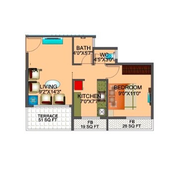 Floor plan of 1 BHK 670 Sq. Ft. Apartment in Reliable  Balaji Sharan, Navi Mumbai