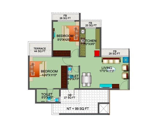 Floor plan of 2 BHK 1080 Sq. Ft. Apartment in Reliable  Balaji Sharan, Navi Mumbai