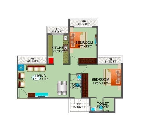 Floor plan of 2 BHK 1141 Sq. Ft. Apartment in Reliable  Balaji Sharan, Navi Mumbai