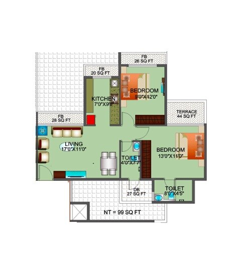 Floor plan of 2 BHK 1149 Sq. Ft. Apartment in Reliable  Balaji Sharan, Navi Mumbai