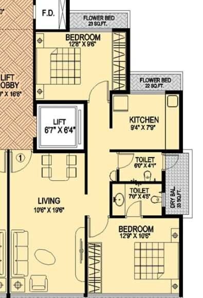 Floor plan of 2 BHK 404 Sq. Ft. Apartment in Reliable  Balaji Aanchal, Navi Mumbai
