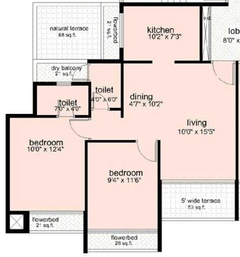 Floor plan of 2 BHK 1040 Sq. Ft. Apartment in Reliable Balaji Shrishti, Navi Mumbai