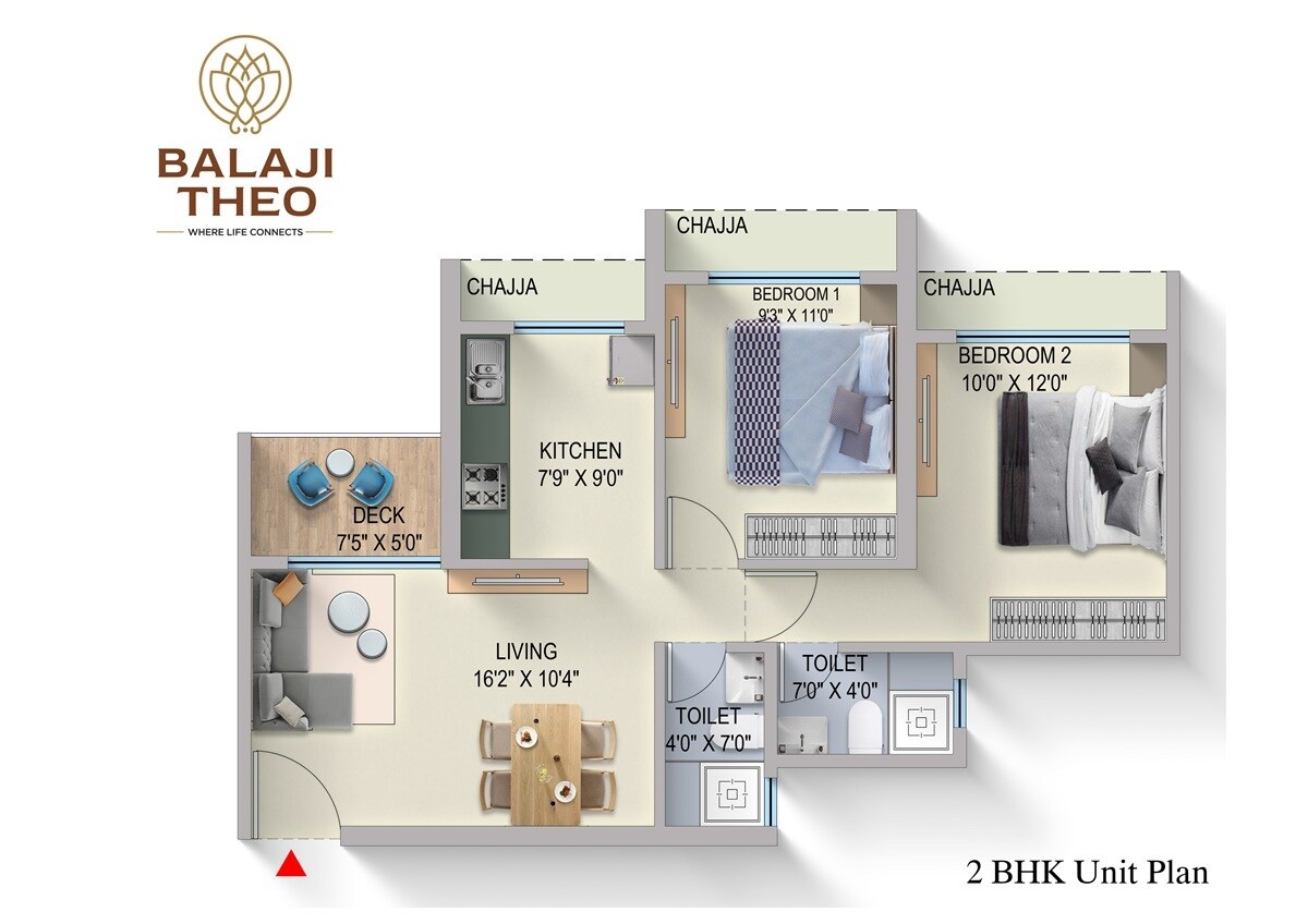 Floor plan of 2 BHK 573 Sq. Ft. Apartment in Reliable Balaji Theo, Navi Mumbai
