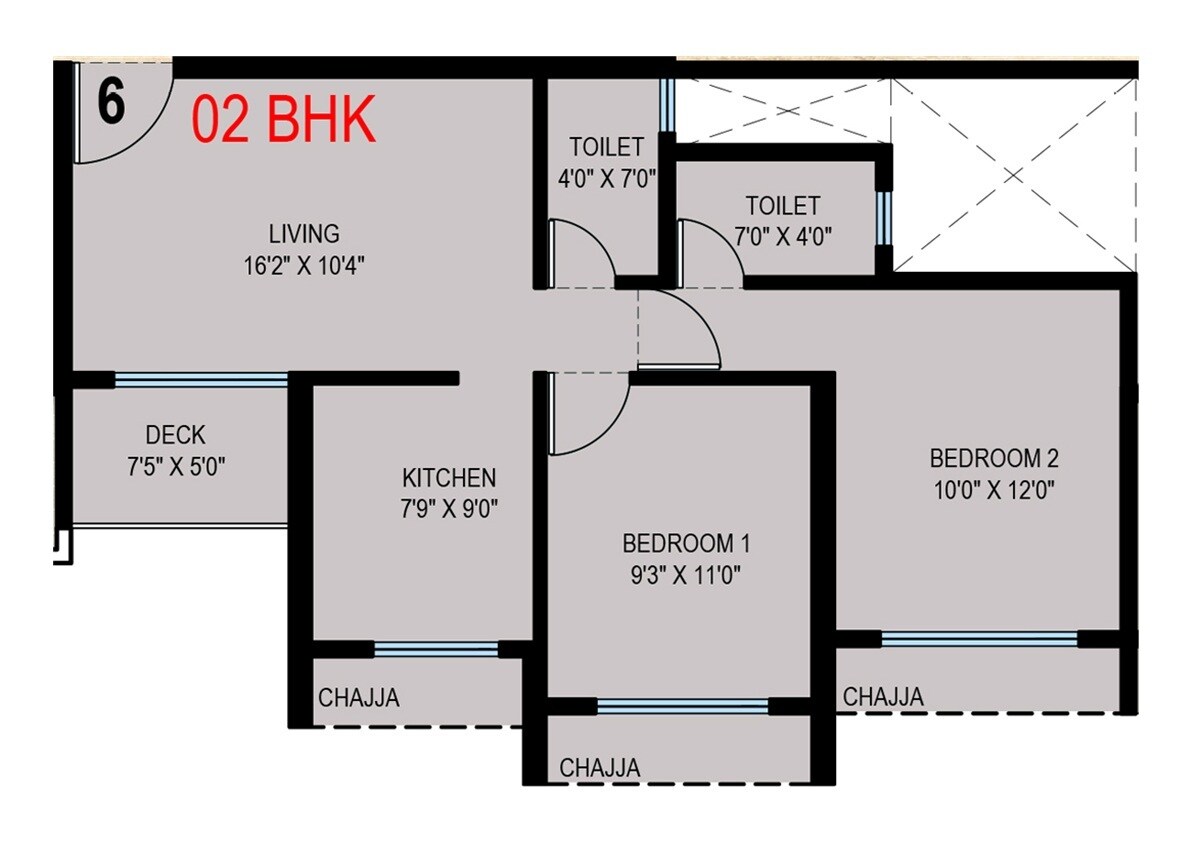Floor plan of 2 BHK 743 Sq. Ft. Apartment in Reliable Balaji Theo, Navi Mumbai