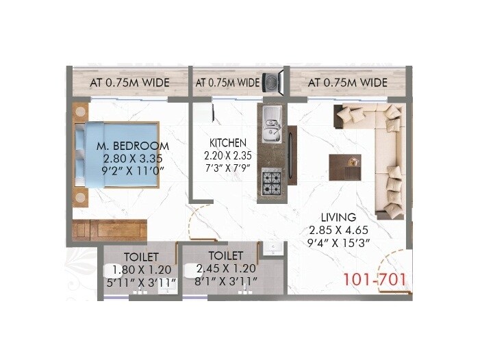Floor plan of 1 BHK 530 Sq. Ft. Apartment in Relive Nandanvan Residency, Navi Mumbai