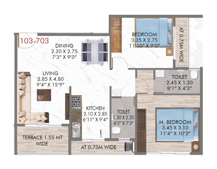 Floor plan of 2 BHK 613 Sq. Ft. Apartment in Relive Nandanvan Residency, Navi Mumbai