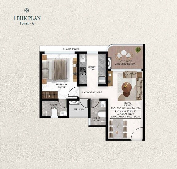 Floor plan of 1 BHK 438 Sq. Ft. Apartment in Renucorp Vanaha, Navi Mumbai