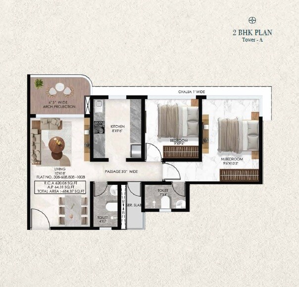 Floor plan of 2 BHK 670 Sq. Ft. Apartment in Renucorp Vanaha, Navi Mumbai