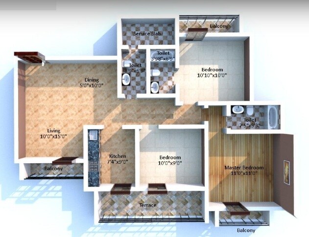 Floor plan of 3 BHK 1415 Sq. Ft. Apartment in Reza Grandeur, Navi Mumbai