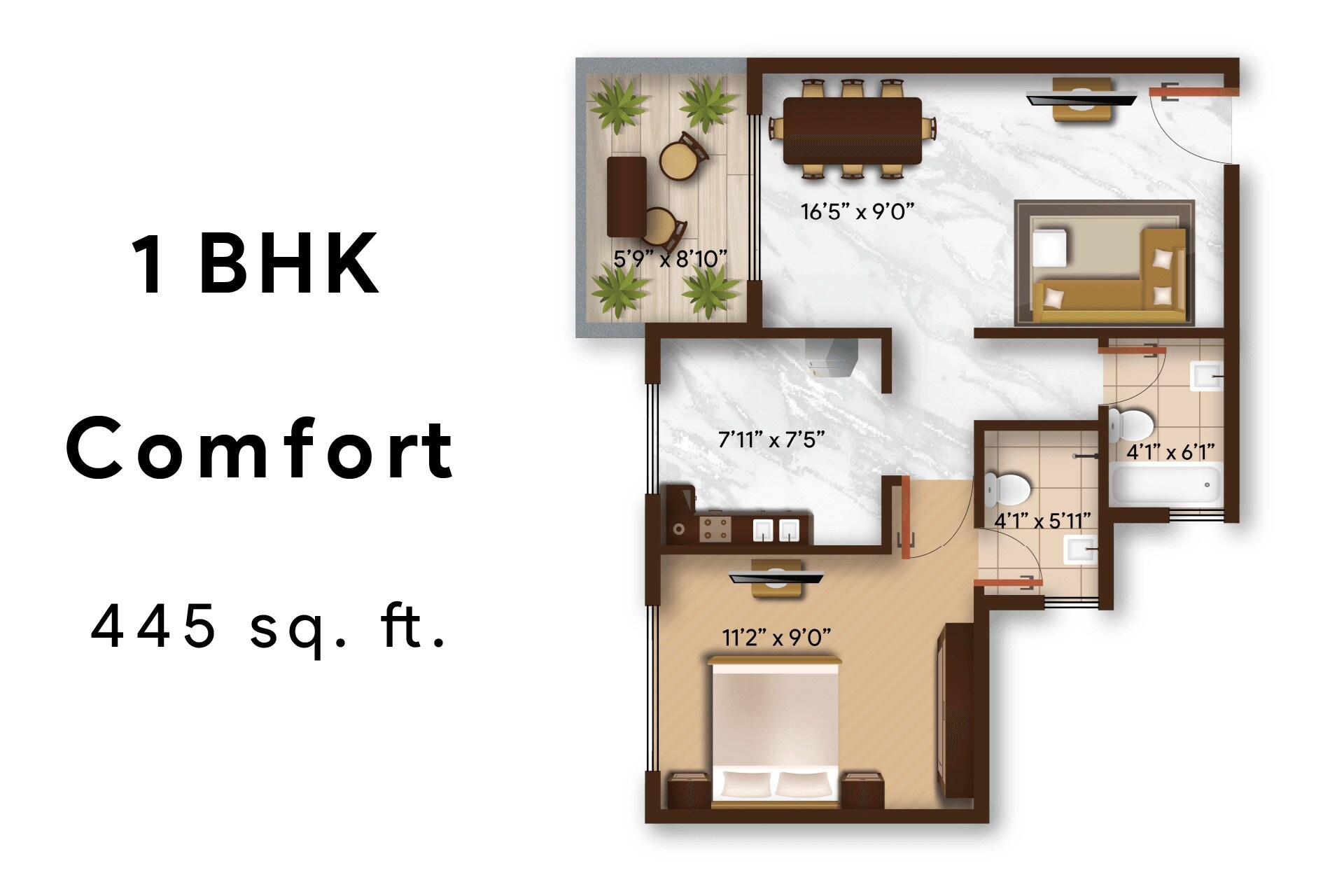 1 BHK 445 Sq. Ft. Apartment