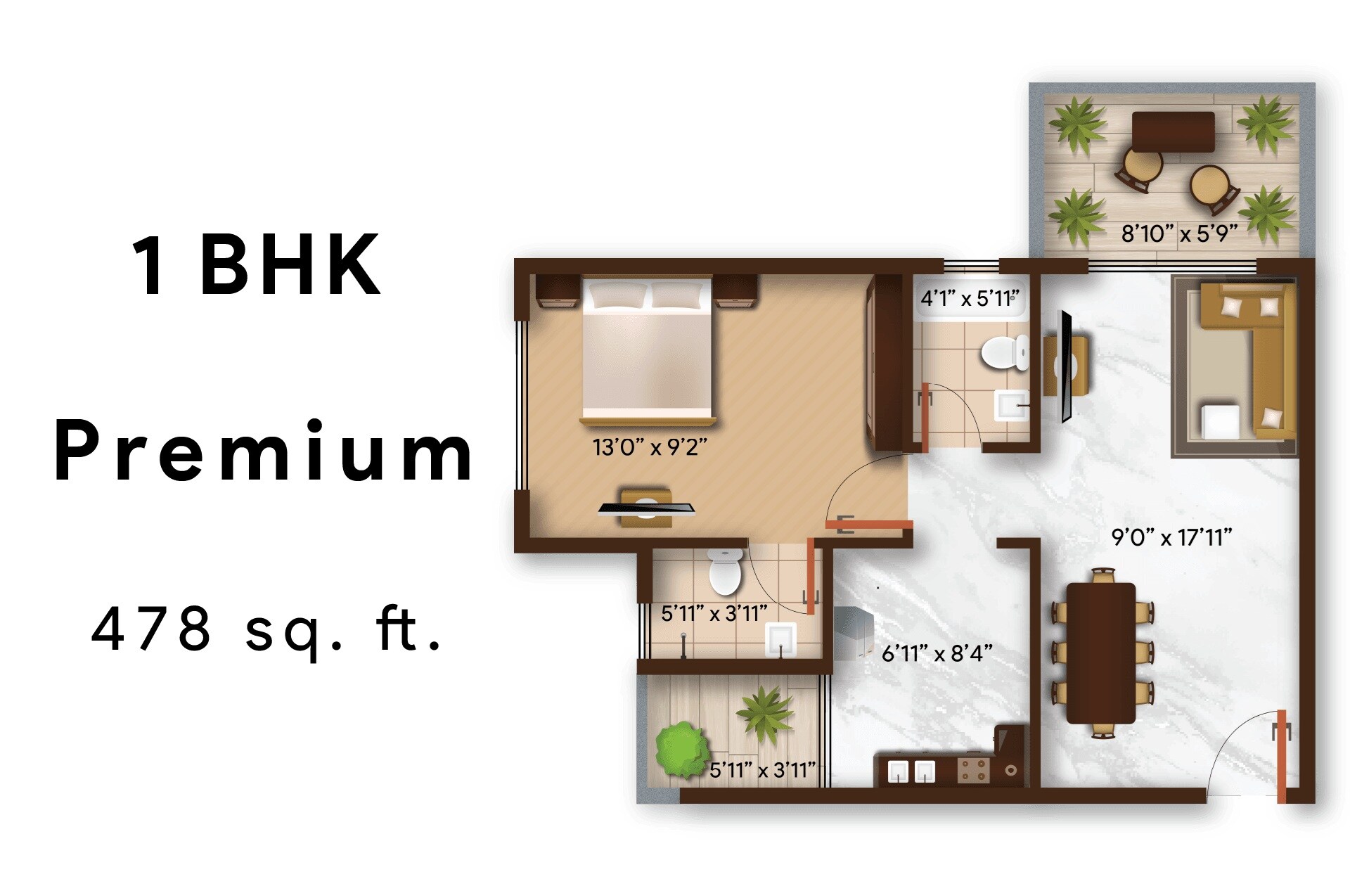1 BHK 478 Sq. Ft. Apartment