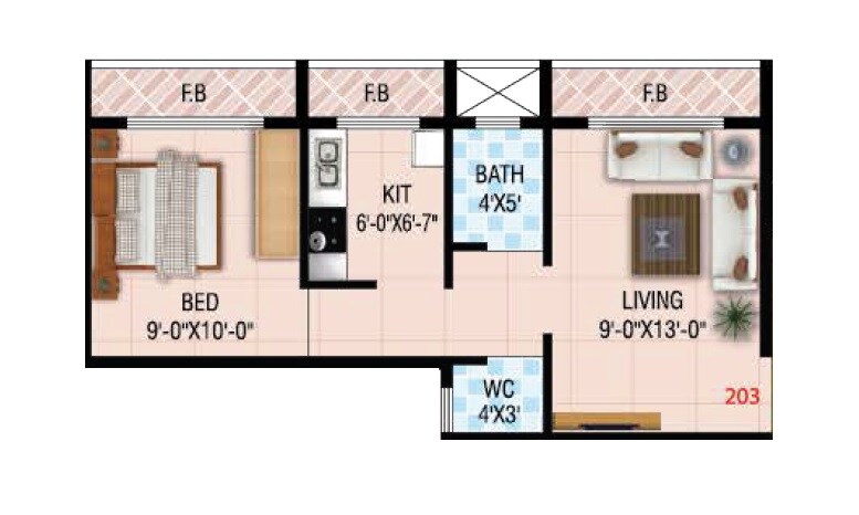 Floor plan of 1 BHK 600 Sq. Ft. Apartment in Riddhi Siddhi Apartments Karjat, Navi Mumbai