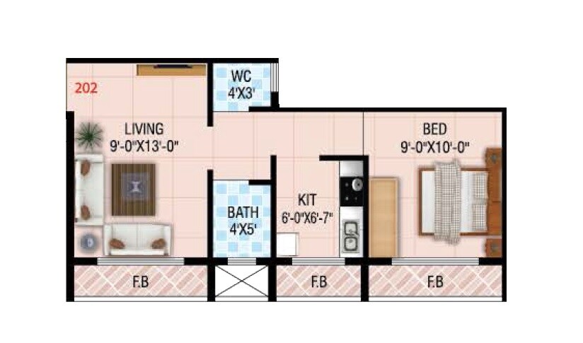 Floor plan of 1 BHK 618 Sq. Ft. Apartment in Riddhi Siddhi Apartments Karjat, Navi Mumbai
