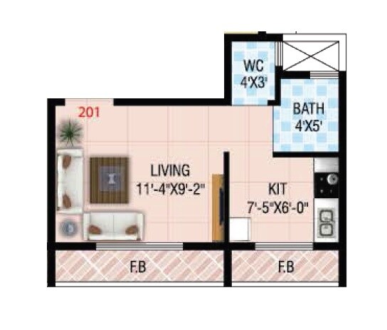 Floor plan of 400 Sq. Ft. Studio in Riddhi Siddhi Apartments Karjat, Navi Mumbai