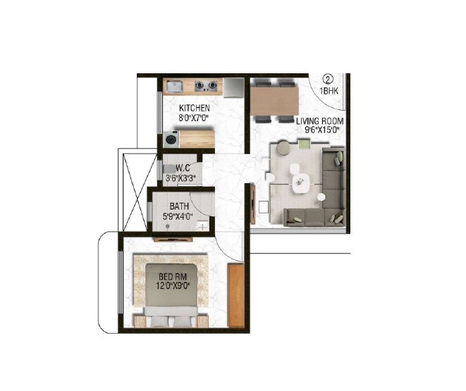 Floor plan of 1 BHK 382 Sq. Ft. Apartment in Rifaa Sukoon Residency, Navi Mumbai