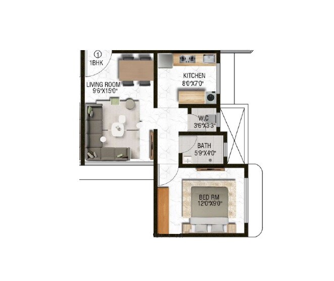 Floor plan of 1 BHK 448 Sq. Ft. Apartment in Rifaa Sukoon Residency, Navi Mumbai