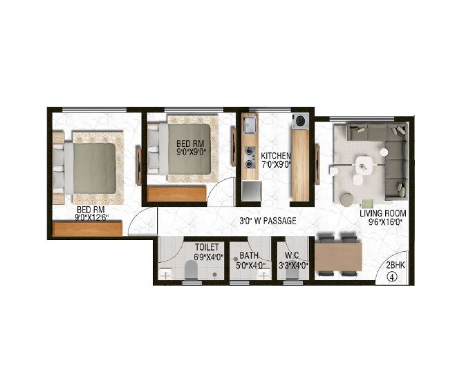 Floor plan of 2 BHK 559 Sq. Ft. Apartment in Rifaa Sukoon Residency, Navi Mumbai