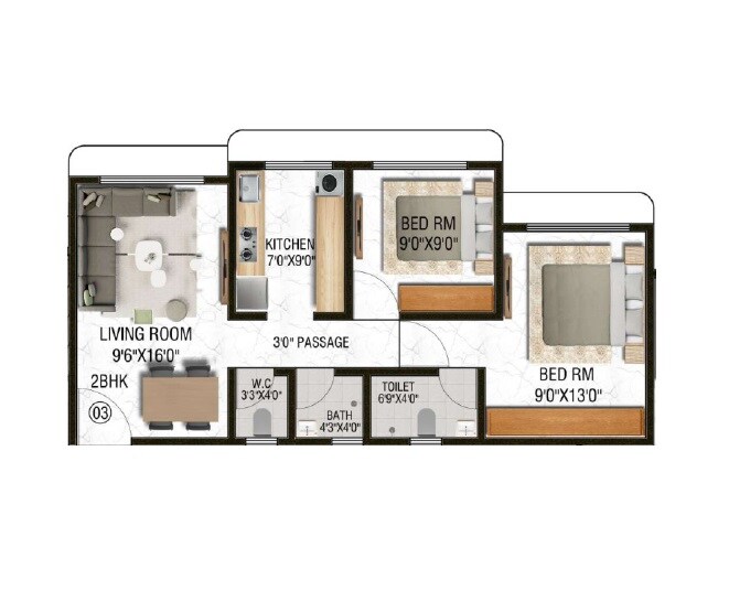 Floor plan of 2 BHK 545 Sq. Ft. Apartment in Rifaa Sukoon Residency, Navi Mumbai