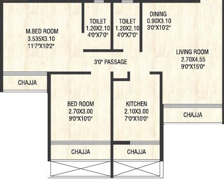 Floor plan of 2 BHK 505 Sq. Ft. Apartment in Rio Heights, Navi Mumbai