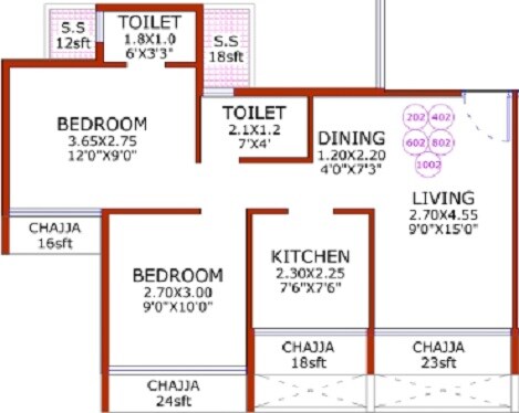 Floor plan of 2 BHK 424 Sq. Ft. Apartment in Rishikesh Heights, Navi Mumbai