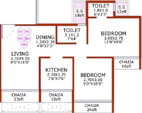 Floor plan of 2 BHK 441 Sq. Ft. Apartment in Rishikesh Heights, Navi Mumbai
