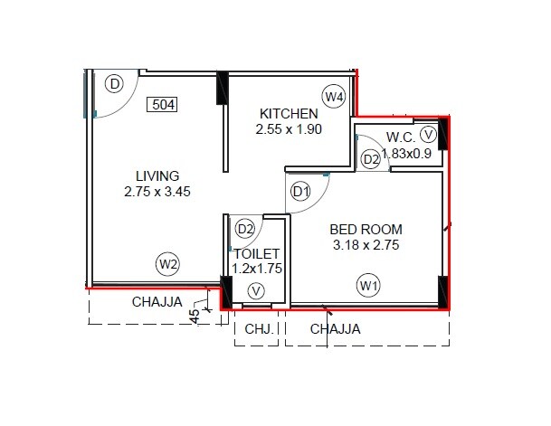 Floor plan of 1 BHK 340 Sq. Ft. Apartment in Rishikesh Home, Navi Mumbai