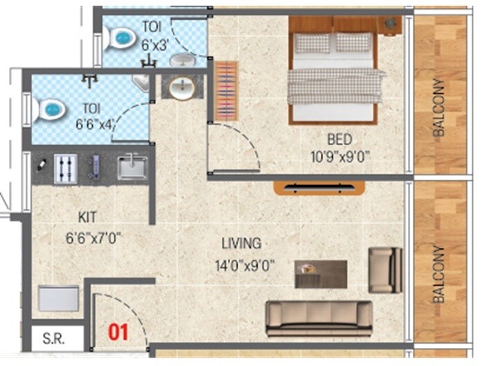 Floor plan of 1 BHK 459 Sq. Ft. Apartment in Rituraj Villa Meadows, Navi Mumbai