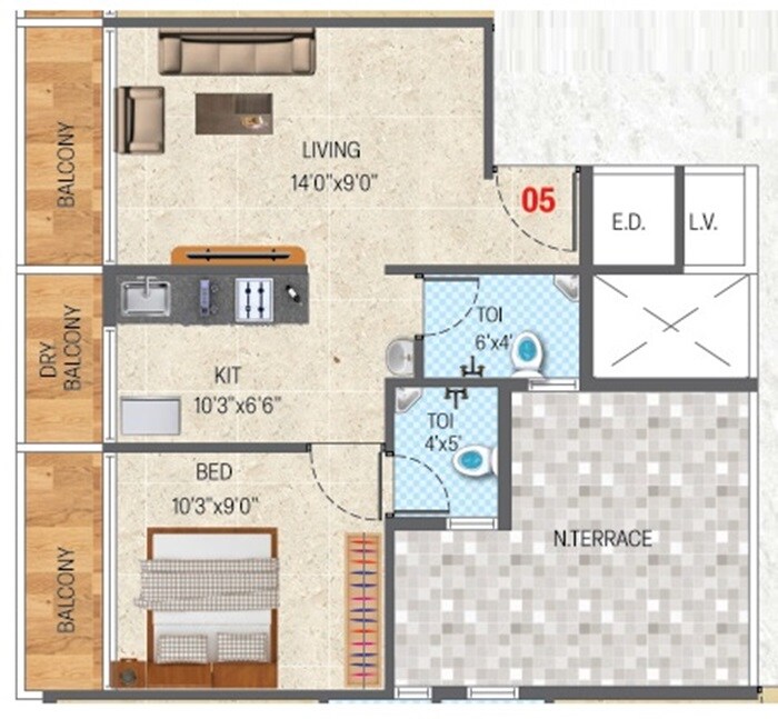 Floor plan of 1 BHK 465 Sq. Ft. Apartment in Rituraj Villa Meadows, Navi Mumbai