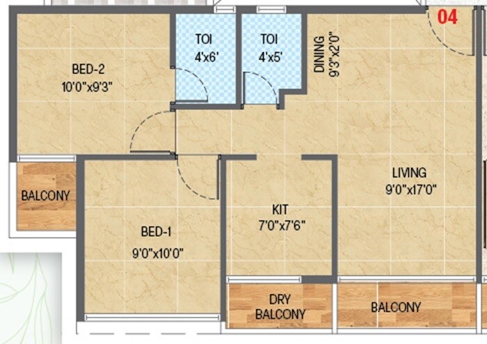 Floor plan of 2 BHK 472 Sq. Ft. Apartment in Rituraj Villa Meadows, Navi Mumbai