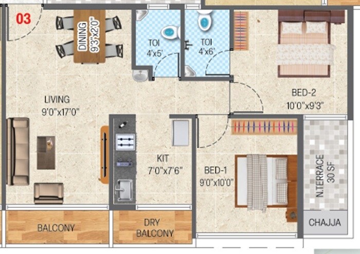 Floor plan of 2 BHK 622 Sq. Ft. Apartment in Rituraj Villa Meadows, Navi Mumbai