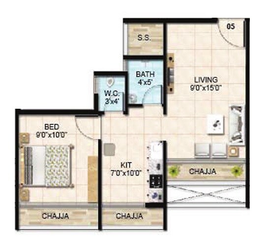 Floor plan of 1 BHK 295 Sq. Ft. Apartment in RK Vaishnavi Emperia, Navi Mumbai