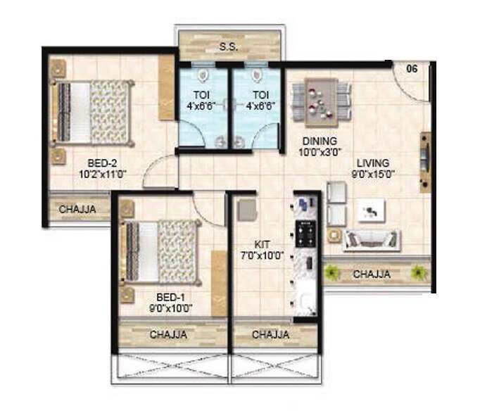 Floor plan of 2 BHK 466 Sq. Ft. Apartment in RK Vaishnavi Emperia, Navi Mumbai