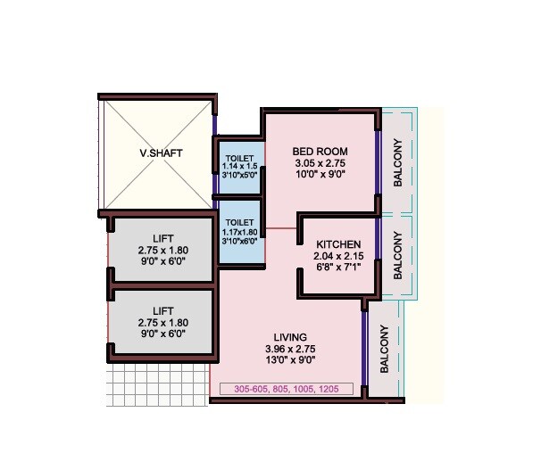 Floor plan of 1 BHK 445 Sq. Ft. Apartment in RK Vaishnavi Icon, Navi Mumbai