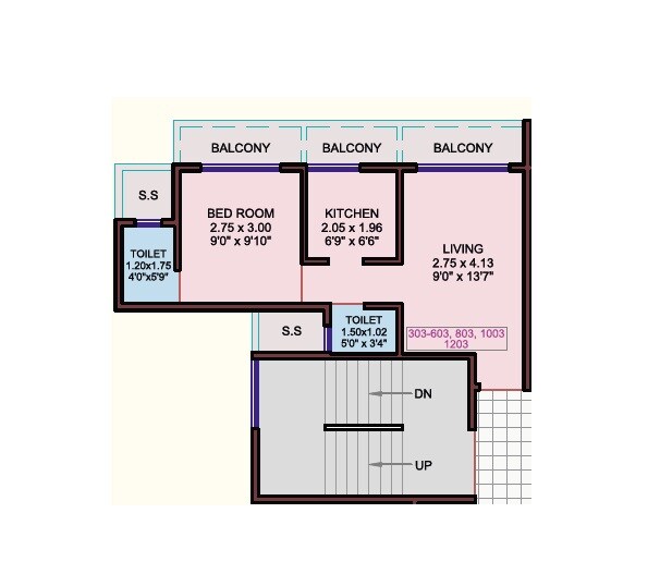Floor plan of 1 BHK 458 Sq. Ft. Apartment in RK Vaishnavi Icon, Navi Mumbai