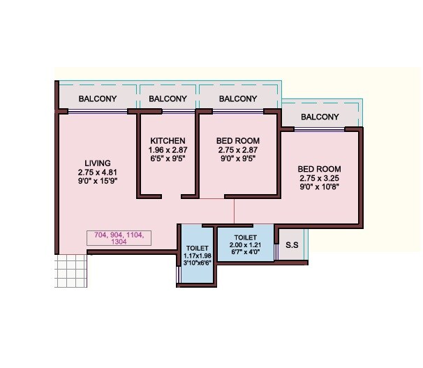 Floor plan of 2 BHK 686 Sq. Ft. Apartment in RK Vaishnavi Icon, Navi Mumbai