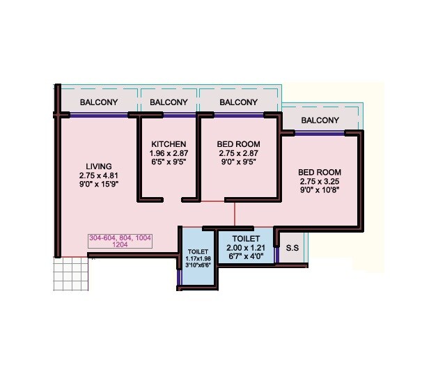 Floor plan of 2 BHK 693 Sq. Ft. Apartment in RK Vaishnavi Icon, Navi Mumbai