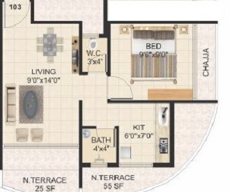 Floor plan of 1 BHK 296 Sq. Ft. Apartment in RK Vaishnavi Pride, Navi Mumbai