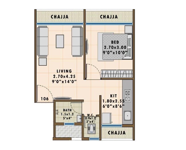 Floor plan of 1 BHK 251 Sq. Ft. Apartment in RK Vaishnavi Residency, Navi Mumbai