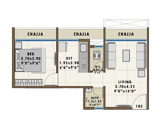 Floor plan of 1 BHK 297 Sq. Ft. Apartment in RK Vaishnavi Residency, Navi Mumbai