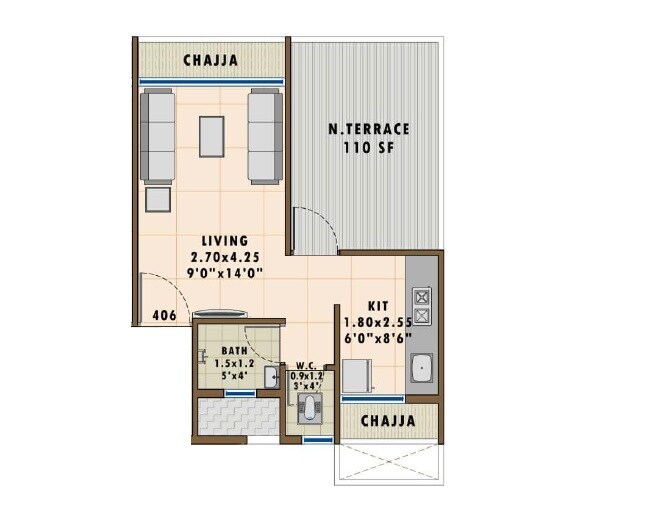 Floor plan of 233 Sq. Ft. Studio in RK Vaishnavi Residency, Navi Mumbai