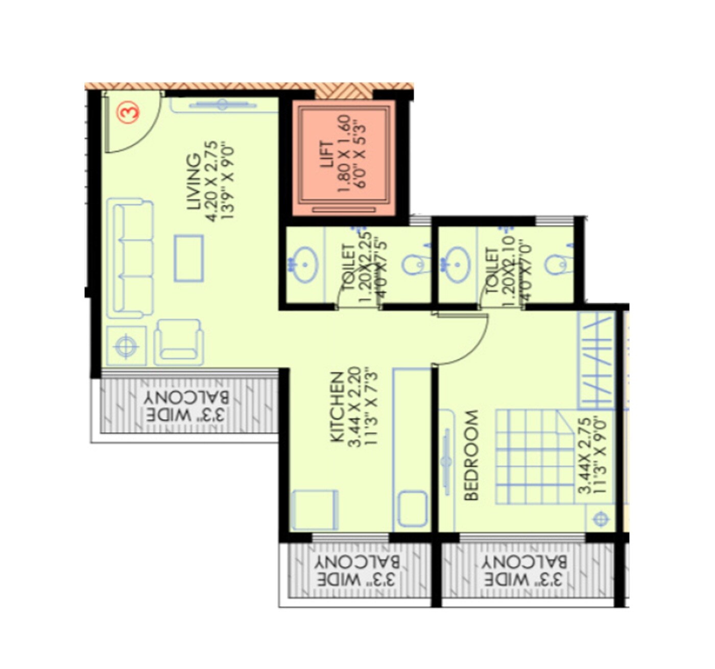 Floor plan of 1 BHK 532 Sq. Ft. Apartment in RK Welcome Harbour, Navi Mumbai