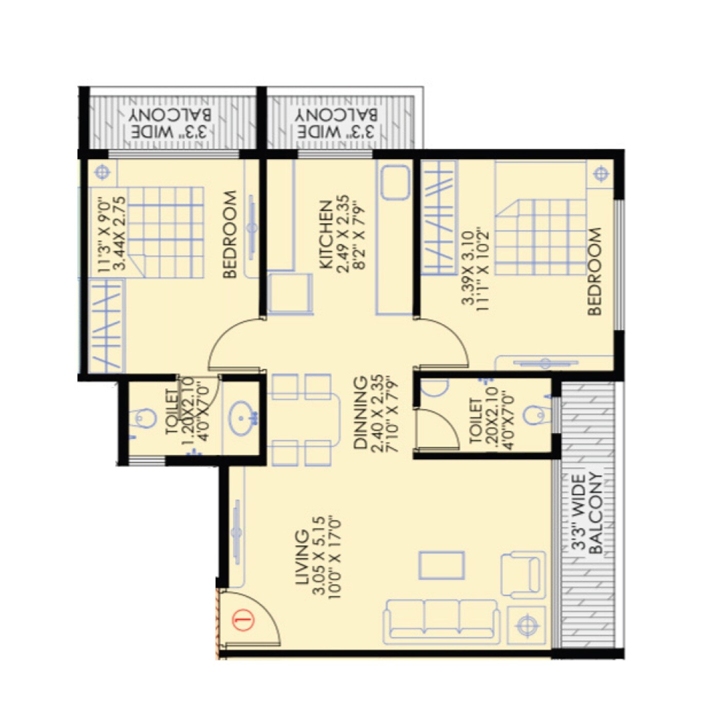 Floor plan of 2 BHK 708 Sq. Ft. Apartment in RK Welcome Harbour, Navi Mumbai