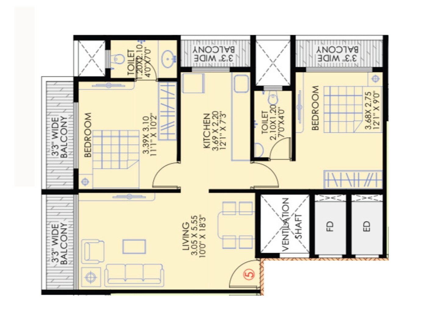Floor plan of 2 BHK 734 Sq. Ft. Apartment in RK Welcome Harbour, Navi Mumbai