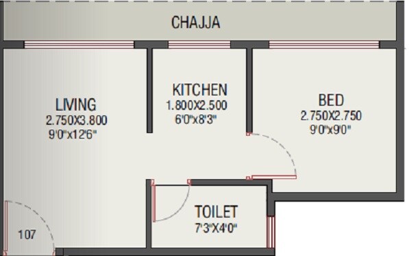 Floor plan of 1 BHK 290 Sq. Ft. Apartment in Royal Lakshadeep Homes, Navi Mumbai