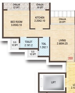 Floor plan of 1 BHK 326 Sq. Ft. Apartment in Royal Yusra Heights, Navi Mumbai