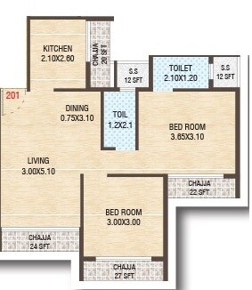Floor plan of 2 BHK 487 Sq. Ft. Apartment in Royal Yusra Heights, Navi Mumbai