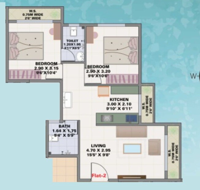 Floor plan of 2 BHK 600 Sq. Ft. Apartment in RR City Tower, Navi Mumbai